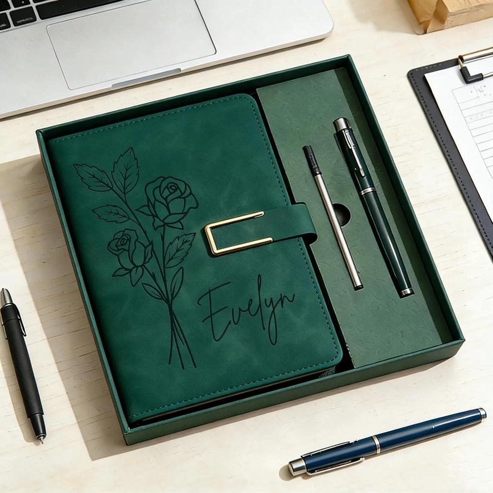 Custom Leather Journal Set, Personalized Notebook with Pen, Birth Month Flower Gift, Birthday Gift, Graduation Gifts, Thank You Teacher Gift