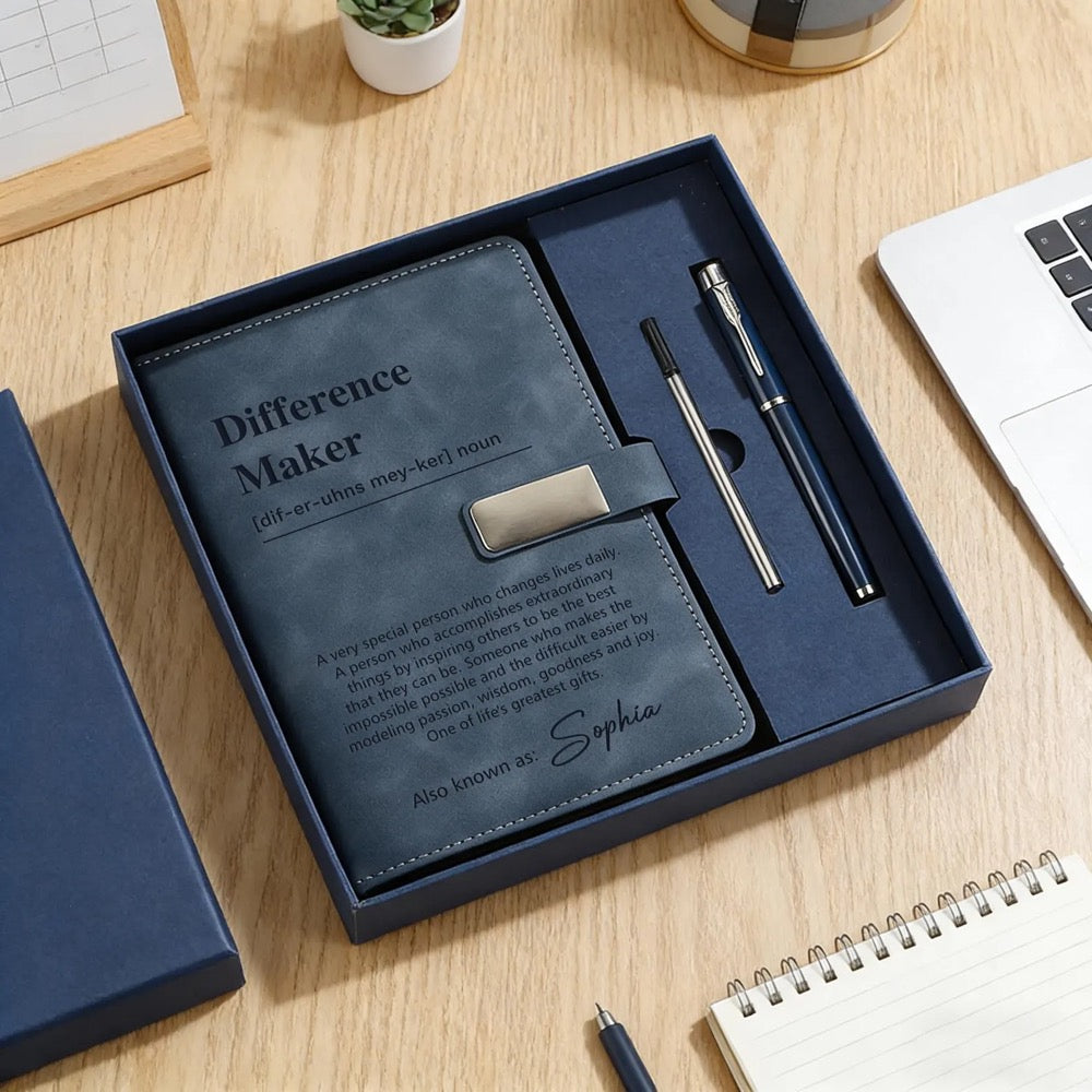 Difference Maker Custom Notebook & Pen Set, Personalized Leather Journal Gift for Teacher Nurse Mentor, Appreciation Gift, Coworker Gifts