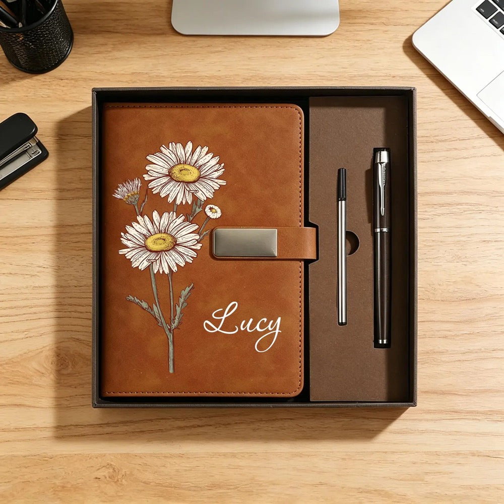 Personalized Birth Flower Notebook with Pen Set, Custom Name Journal, Personalized Leather Notebook for Her, Birthday Gift for Women