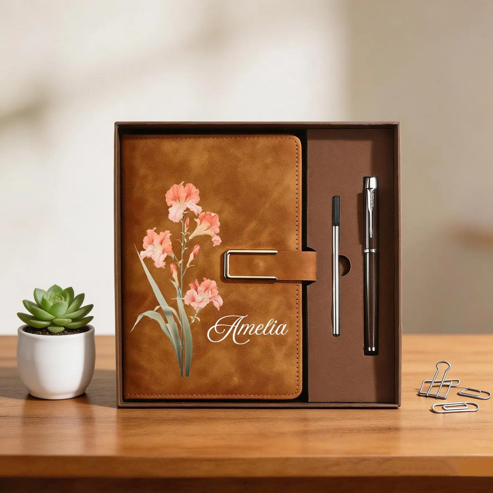 Personalized Birth Flower Notebook & Pen Set, Custom Name Leather Journal Gift, Birth Month Flower Journal for Women, Birthday/Teacher Gift