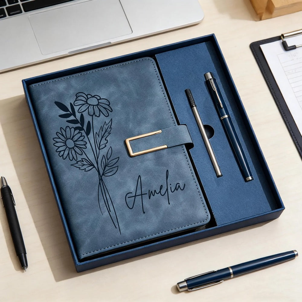 Custom Leather Journal Set, Personalized Notebook with Pen, Birth Month Flower Gift, Birthday Gift, Graduation Gifts, Thank You Teacher Gift