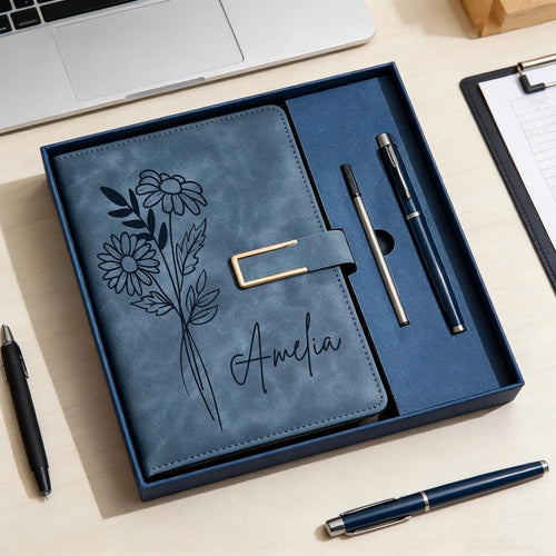 Custom Leather Journal Set, Personalized Notebook with Pen, Birth Month Flower Gift, Birthday Gift, Graduation Gifts, Thank You Teacher Gift