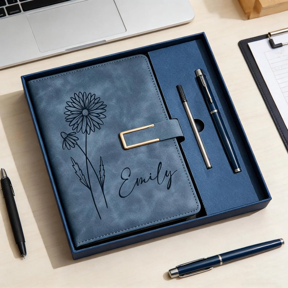 Custom Leather Journal Set, Personalized Notebook with Pen, Birth Month Flower Gift, Graduation Gift for Her, Teacher Thank You Gift