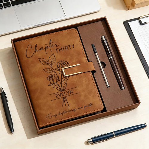 Custom Chapter Birthday Journal Set, Personalized Leather Notebook with Pen, Birth Month Flower Gift, 30th Birthday Gift for Her/Women