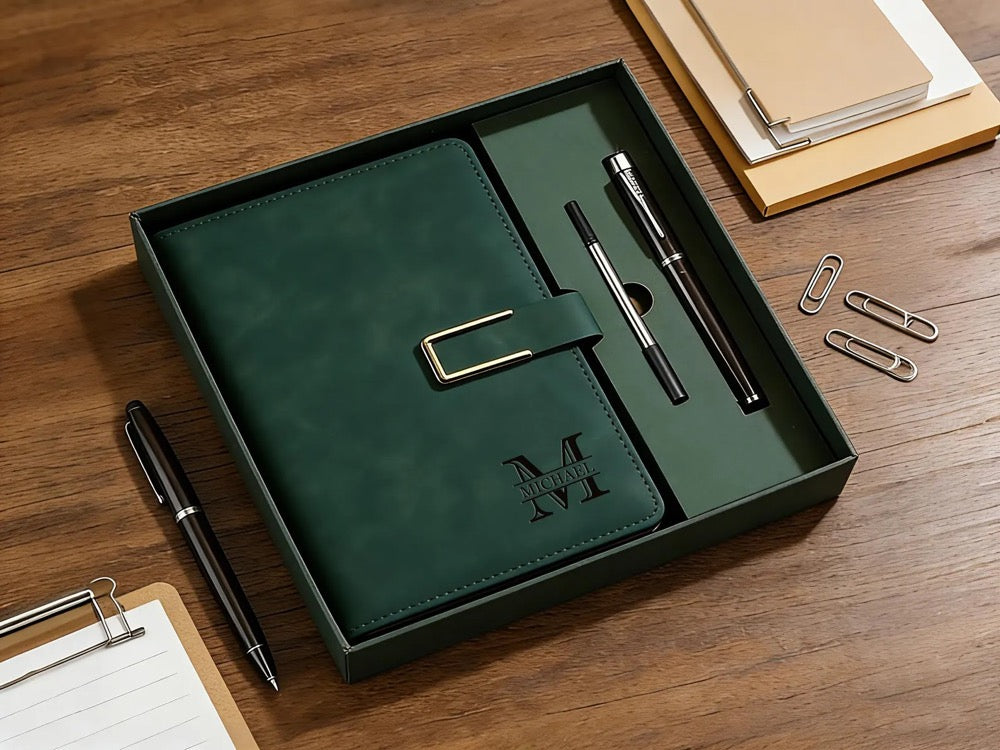 Custom Engraved Leather Journal Set with Pen, Personalized Notebook, Graduation Gift, Fathers Day Gifts for Dad