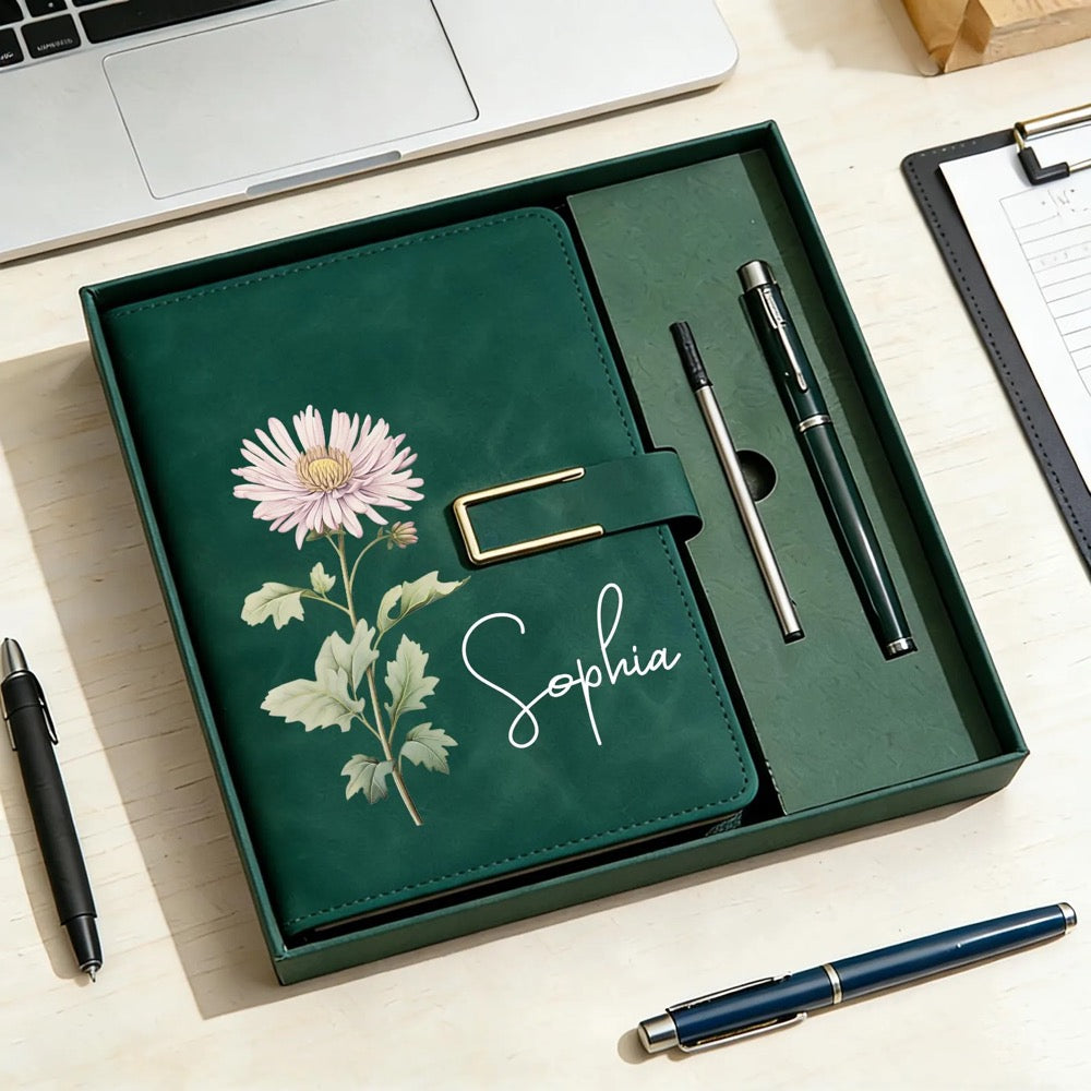 Personalized Birth Flower Notebook & Pen Set, Custom Name Leather Journal Gift, Birth Month Flower Journal for Women, Birthday/Teacher Gift