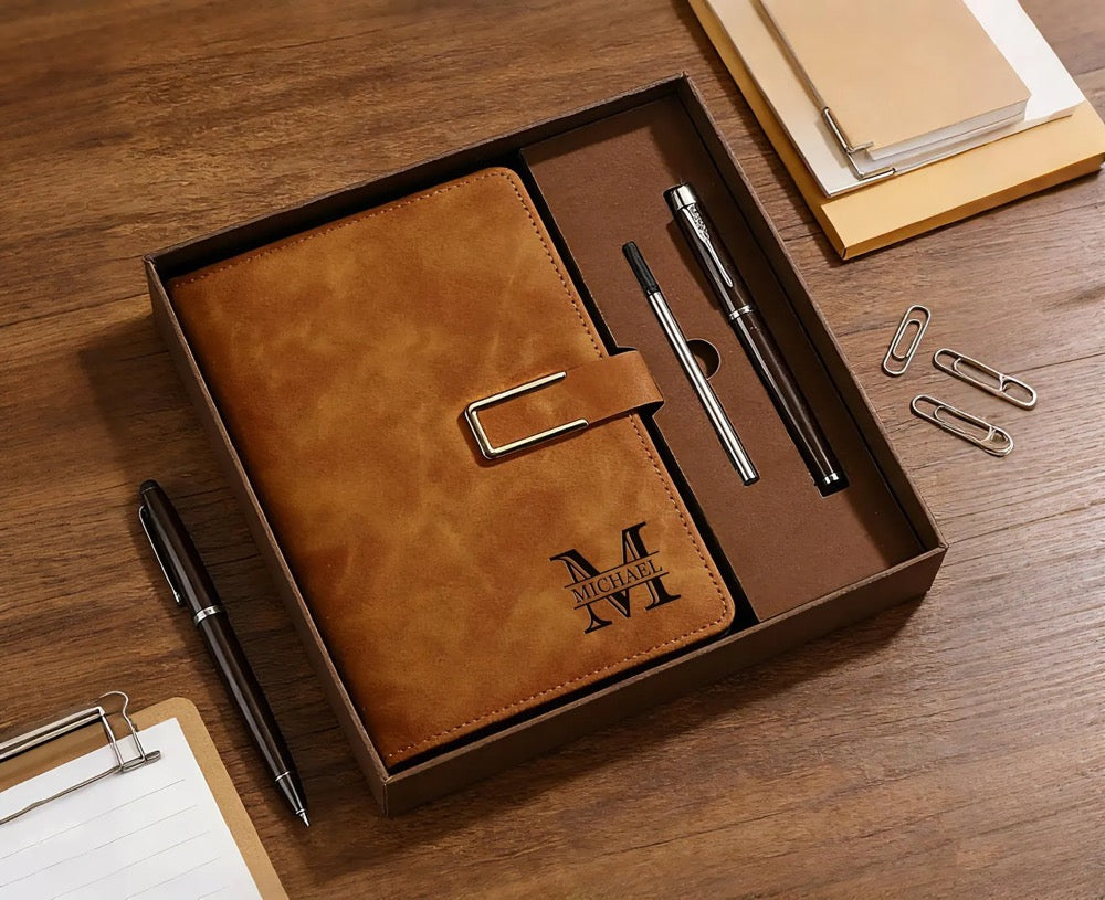 Custom Engraved Leather Journal Set with Pen, Personalized Notebook, Graduation Gift, Fathers Day Gifts for Dad