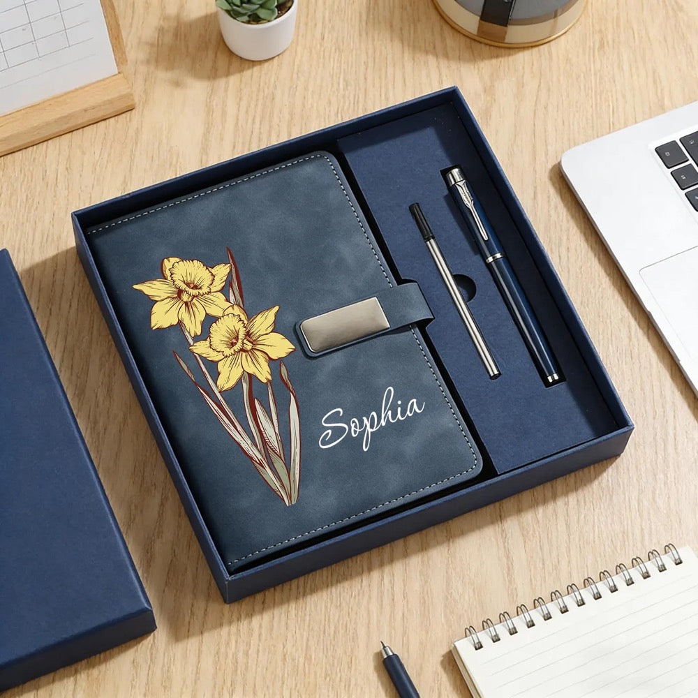 Personalized Birth Flower Notebook Set, Custom Name Leather Journal, Birth Month Flower Gift, Engraved Birthday Gift, Graduation Gift