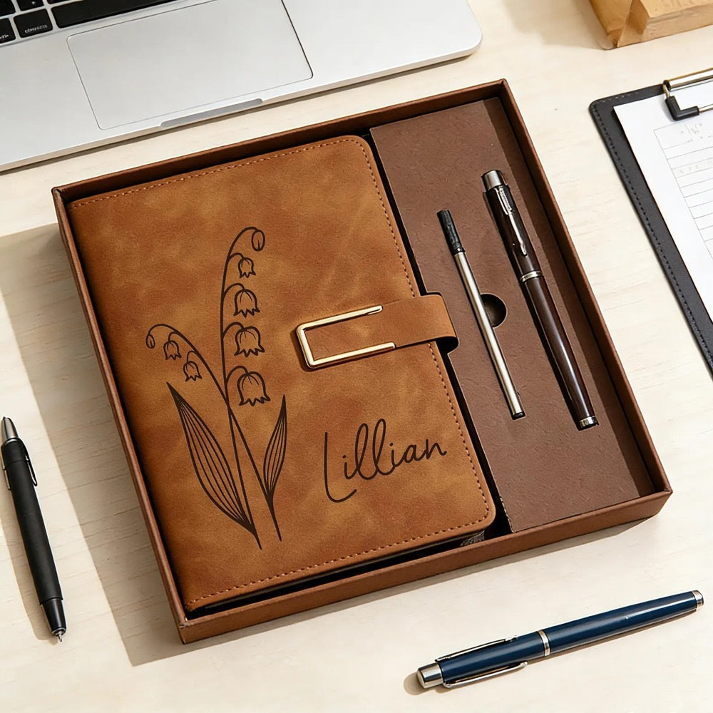 Custom Leather Journal Set, Personalized Notebook with Pen, Birth Month Flower Gift, Graduation Gift for Her, Teacher Thank You Gift