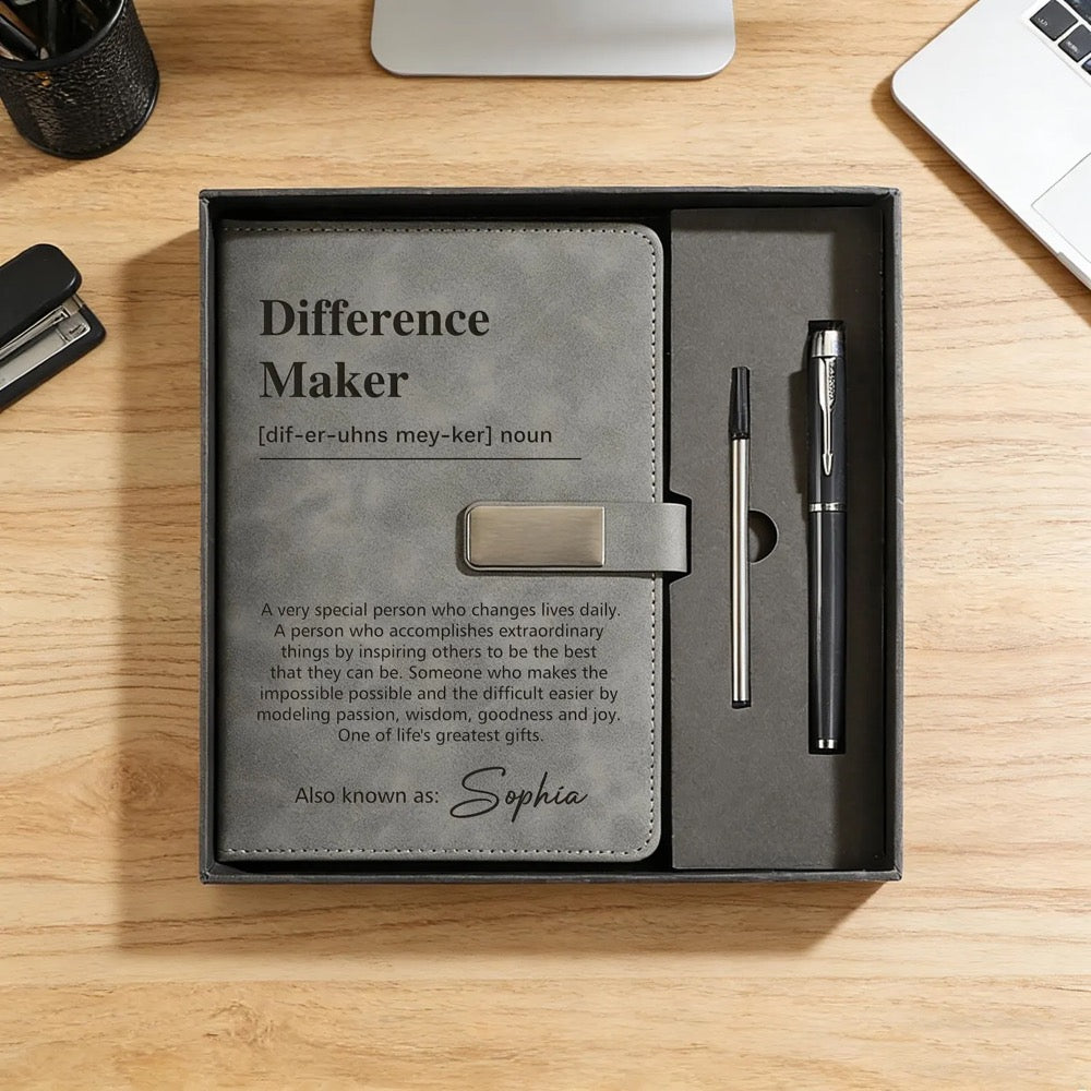 Difference Maker Custom Notebook & Pen Set, Personalized Leather Journal Gift for Teacher Nurse Mentor, Appreciation Gift, Coworker Gifts