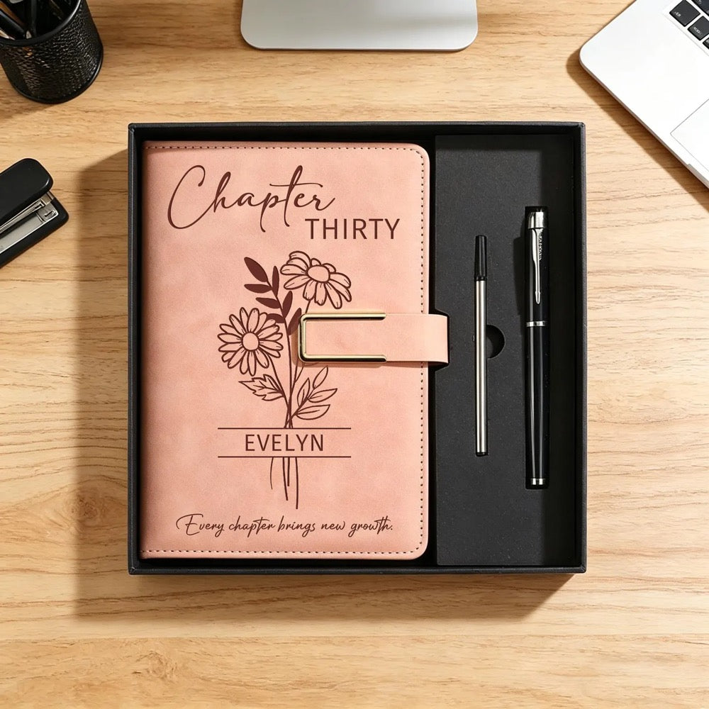 Custom Chapter Birthday Journal Set, Personalized Leather Notebook with Pen, Birth Month Flower Gift, 30th Birthday Gift for Her/Women