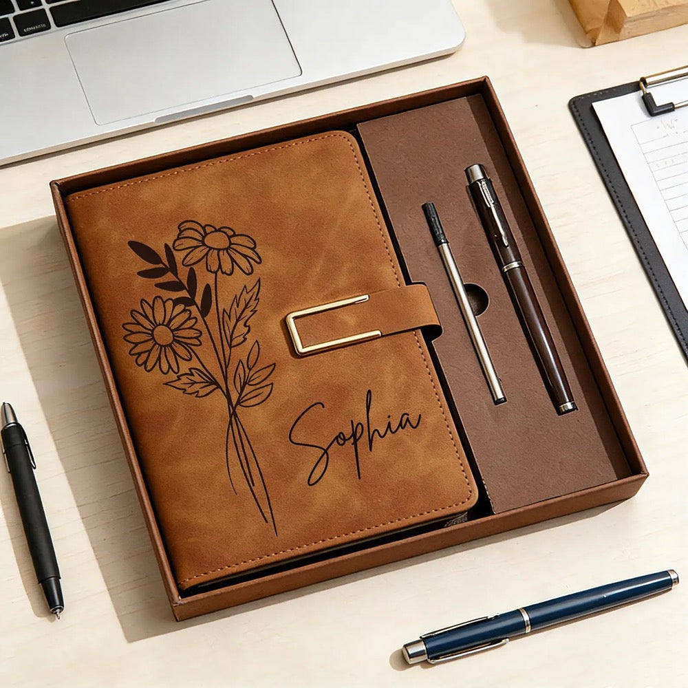 Custom Leather Journal Set, Personalized Notebook with Pen, Birth Month Flower Gift, Birthday Gift, Graduation Gifts, Thank You Teacher Gift