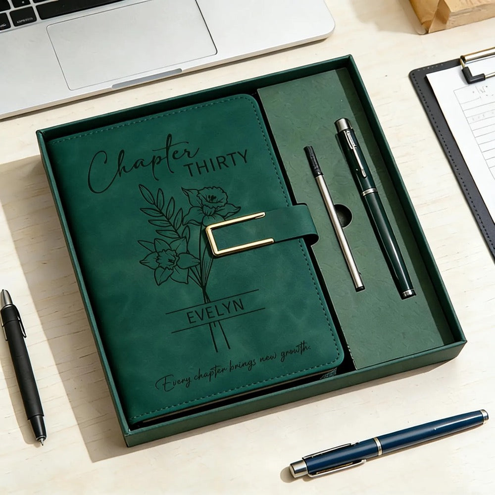 Custom Chapter Birthday Journal Set, Personalized Leather Notebook with Pen, Birth Month Flower Gift, 30th Birthday Gift for Her/Women