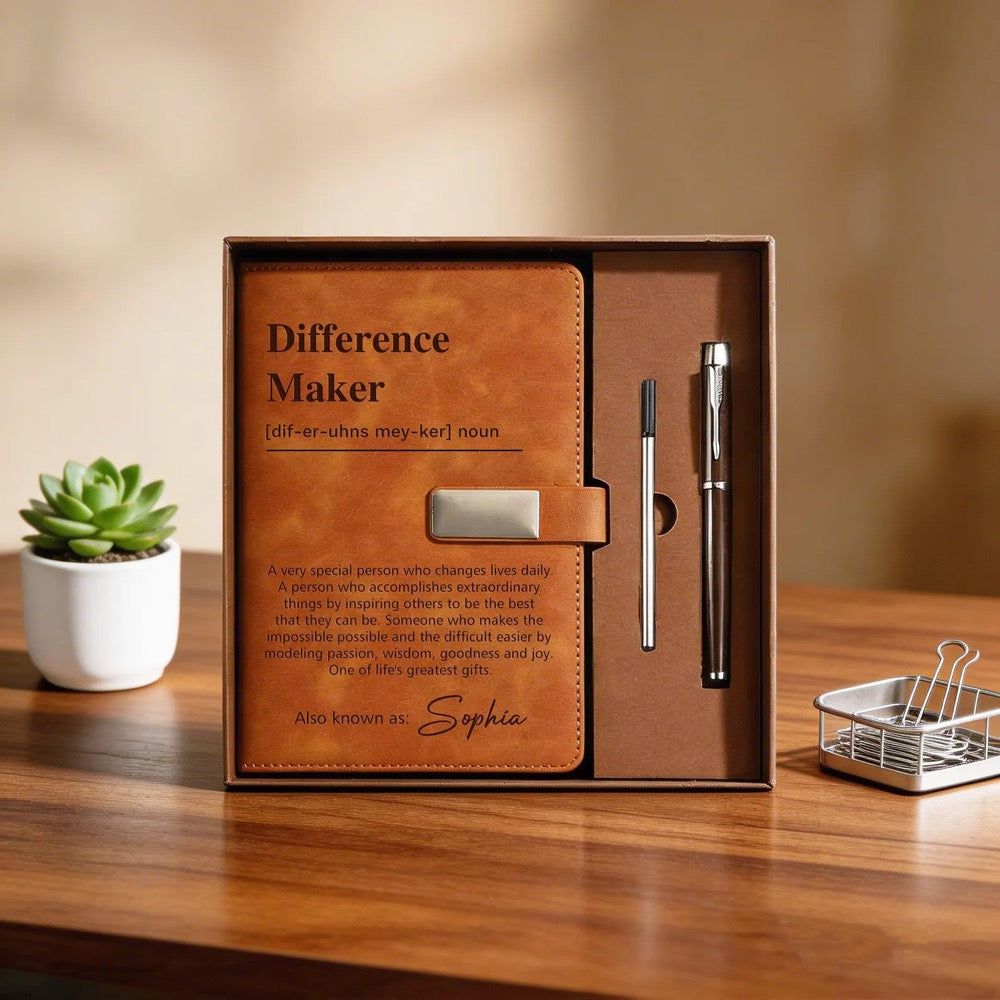 Difference Maker Custom Notebook & Pen Set, Personalized Leather Journal Gift for Teacher Nurse Mentor, Appreciation Gift, Coworker Gifts