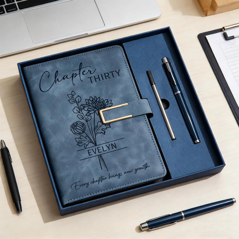Custom Chapter Birthday Journal Set, Personalized Leather Notebook with Pen, Birth Month Flower Gift, 30th Birthday Gift for Her/Women