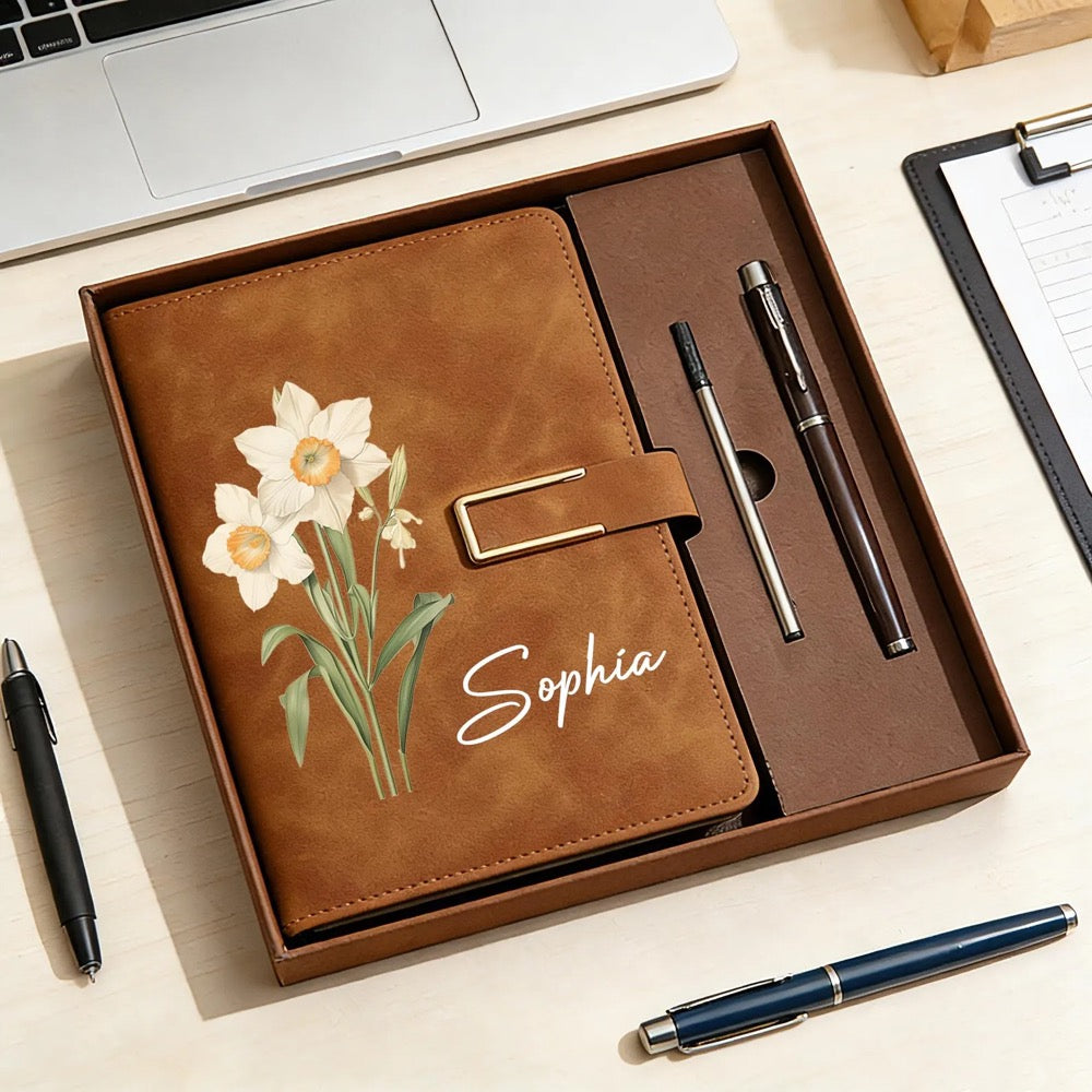 Personalized Birth Flower Notebook & Pen Set, Custom Name Leather Journal Gift, Birth Month Flower Journal for Women, Birthday/Teacher Gift