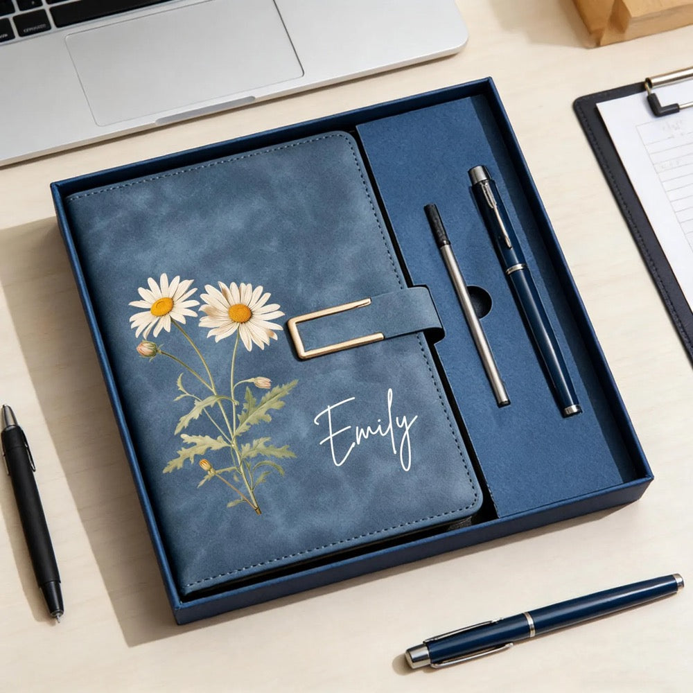 Personalized Birth Flower Notebook & Pen Set, Custom Name Leather Journal Gift, Birth Month Flower Journal for Women, Birthday/Teacher Gift