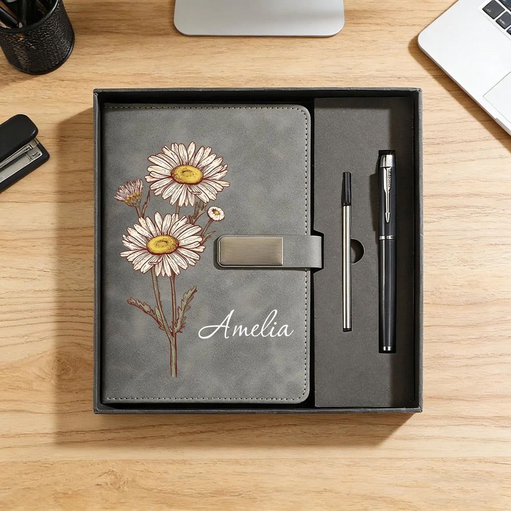 Personalized Birth Flower Notebook Set, Custom Name Leather Journal, Birth Month Flower Gift, Engraved Birthday Gift, Graduation Gift