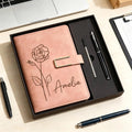 Custom Leather Journal Set, Personalized Notebook with Pen, Birth Month Flower Gift, Graduation Gift for Her, Teacher Thank You Gift