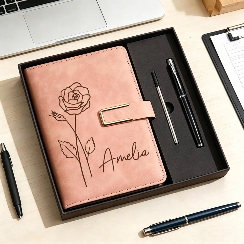 Custom Leather Journal Set, Personalized Notebook with Pen, Birth Month Flower Gift, Graduation Gift for Her, Teacher Thank You Gift
