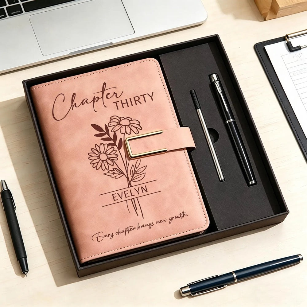 Custom Chapter Birthday Journal Set, Personalized Leather Notebook with Pen, Birth Month Flower Gift, 30th Birthday Gift for Her/Women