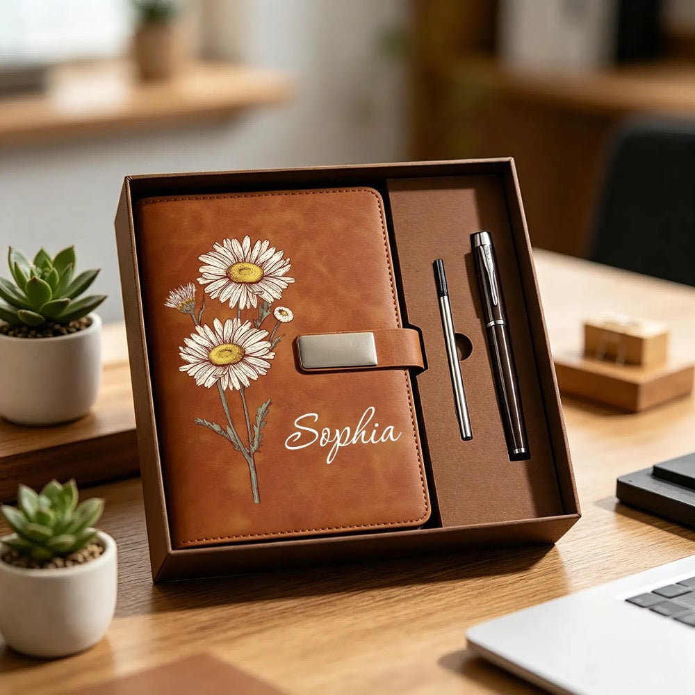 Personalized Birth Flower Notebook Set, Custom Name Leather Journal, Birth Month Flower Gift, Engraved Birthday Gift, Graduation Gift