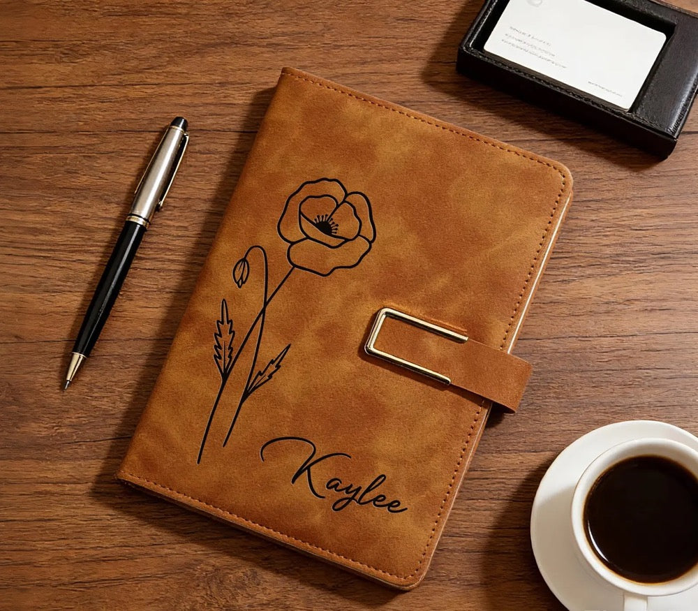 Engraved Birth Flower Leather Journal, Personalized Name Notebook Set, Birthday Gifts for Her, Thank You Teacher Gifts, Graduation Gift