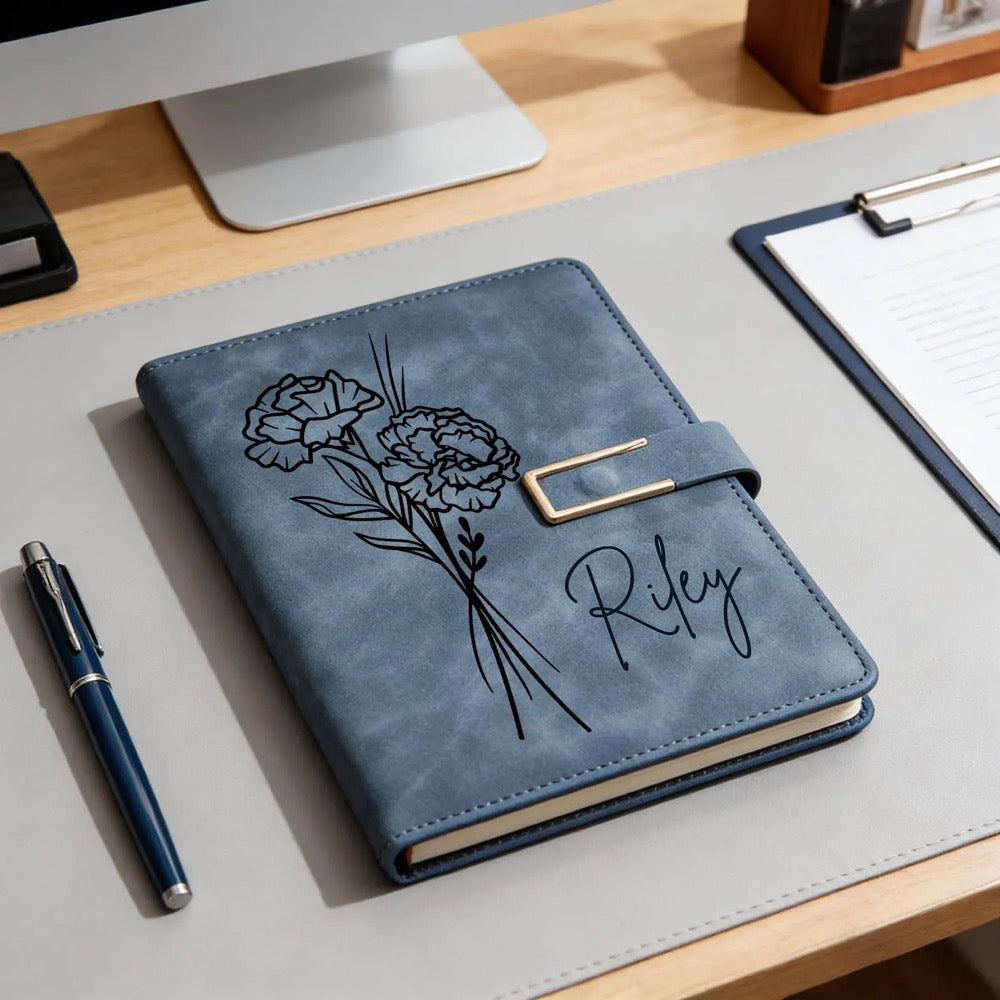Custom Leather Journal Set, Personalized Notebook with Pen, Birth Month Flower Gift, Birthday Gift, Graduation Gifts, Thank You Teacher Gift