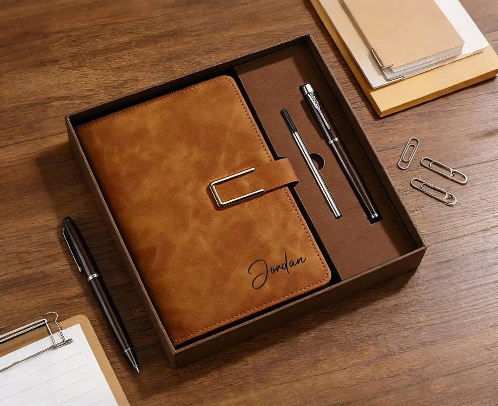 Custom Engraved Leather Journal Set with Pen, Personalized Notebook, Graduation Gift, Fathers Day Gifts for Dad